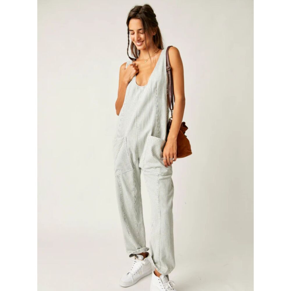 We The Free Striped Scoop-Neck Jumpsuit in Light blue & White